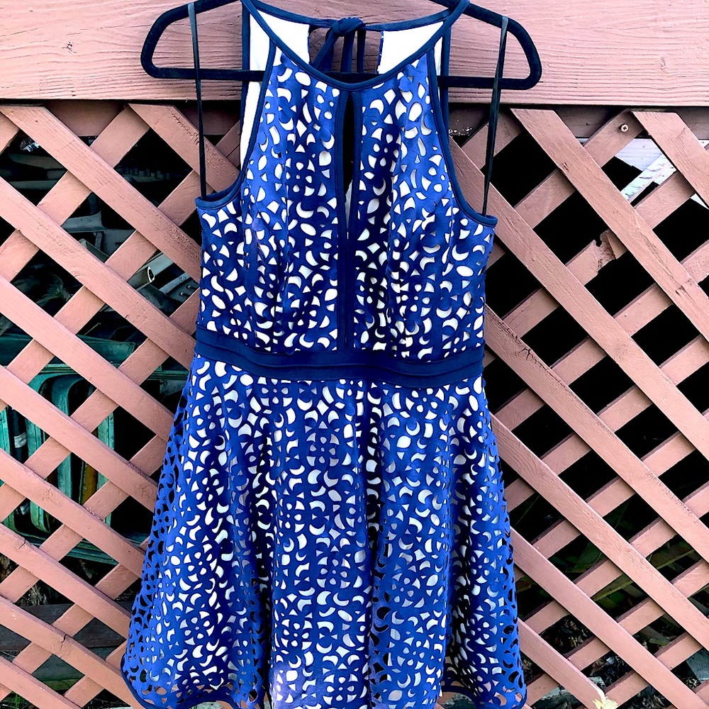 Navy Blue Lace Halter Top Formal Dress